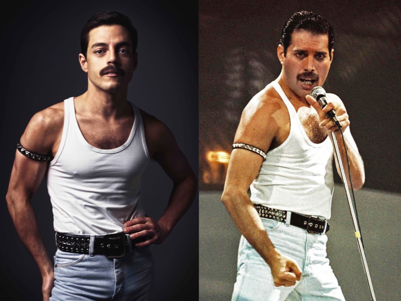 Due immagini, di Rami Malek nel film Bohemian Rapsody, e di Freddie Mercury durante un concerto