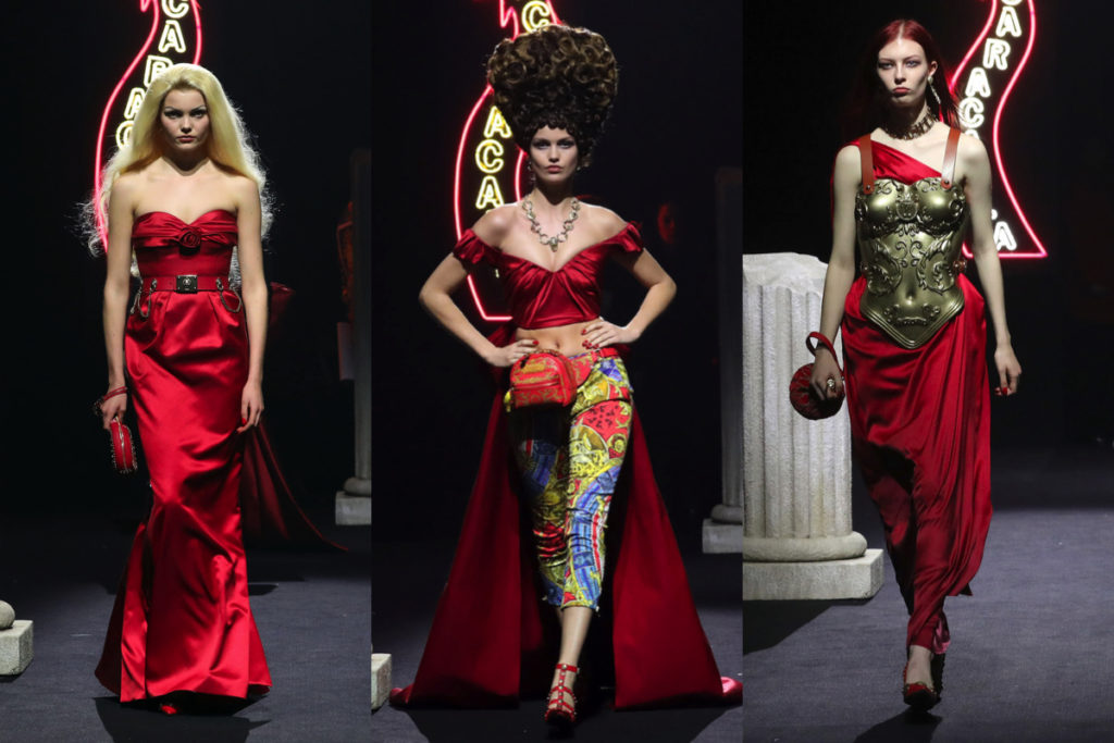 Tre immagini della sfilata di Moschino a Cinecittà