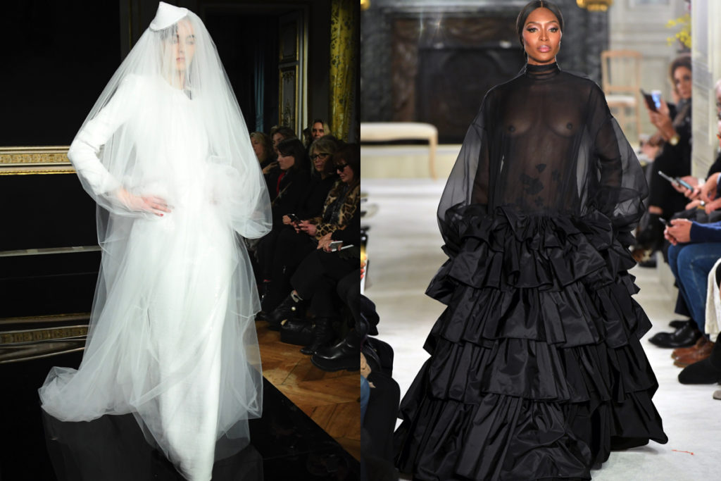 Sposa in bianco di Armani e Naomi Campbell in nero da Valentino