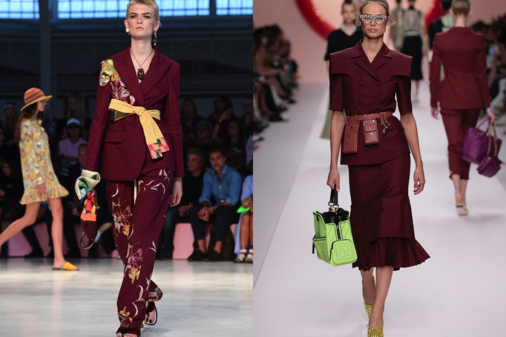 Due abbinamenti con il bordeaux da Etro e Fendi