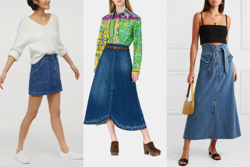 Tre modelli di gonne in denim
