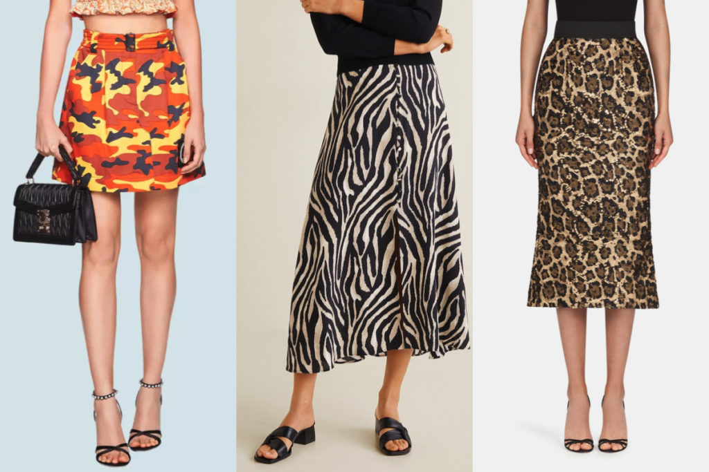 Tre modelli di gonna con stampa animalier